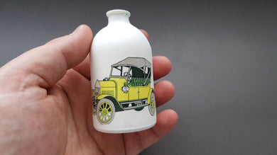 Porcelain bottle. Fine bone china small white bottle with a vintage car illustration - bud vase