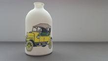 Load image into Gallery viewer, Porcelain bottle. Fine bone china small white bottle with a vintage car illustration - bud vase