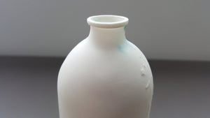 Porcelain bottle. Fine bone china small white bottle with a vintage car illustration - bud vase