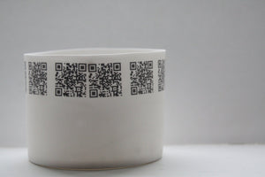 Round vessel. Stoneware English fine bone china cylindrical shape bowl with QR codes