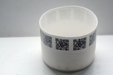 Round vessel. Stoneware English fine bone china cylindrical shape bowl with QR codes