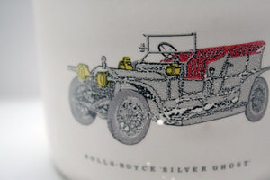 Car on a vase. English fine bone china stoneware, small vase, bowl with vintage car illustration