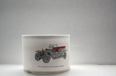 Car on a vase. English fine bone china stoneware, small vase, bowl with vintage car illustration
