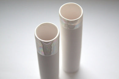 Decorative thin tall mini vase made out of stoneware English fine bone china and mother of pearl