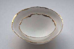 Set of 2 English fine bone china miniature nesting stoneware bowls with real gold