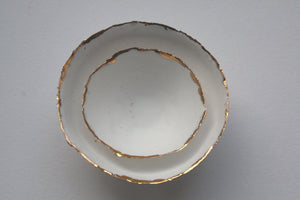 Set of 2 English fine bone china miniature nesting stoneware bowls with real gold