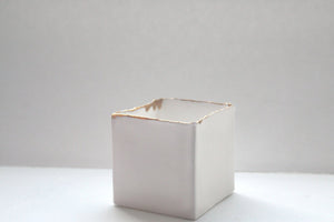 Small snow white cube made from English fine bone china and real gold rims - geometric decor