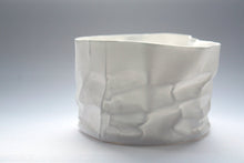 Load image into Gallery viewer, Crumpled paper looking vessel made out of fine bone china with a hint of mother of pearl, iridescent