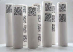 Tube vase made from English fine bone china with QR codes - bud vase