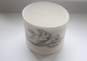 Hurricane lantern. Up with the clouds - Fine  bone china tea light holder with cloud illustration.