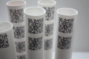 Tube vase made from English fine bone china with QR codes - bud vase