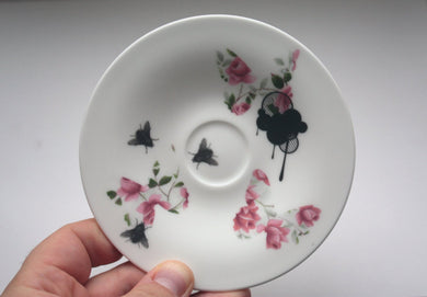 Upcycled stoneware fine bone china plate with vintage illustrations.