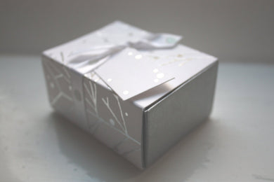 White gift box matchbox style with silver branches and ribbon,