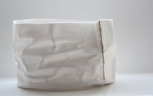 Load image into Gallery viewer, Small vessel. Crumpled paper looking vessel made out of fine bone china with real gold lines