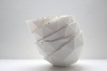 Load image into Gallery viewer, Geometric faceted polyhedron white bowl made from fine bone china with real gold finish in 4 sizes