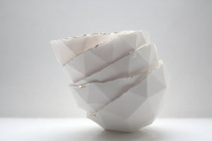 Geometric faceted polyhedron white bowl made from stoneware Parian porcelain with real gold finish