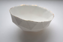 Load image into Gallery viewer, Geometric faceted polyhedron white bowl made from fine bone china with real gold finish in 4 sizes