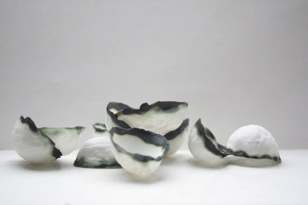 Walnut shells from fine bone china with burnt looking finish effect, stoneware porcelain
