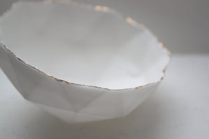 Geometric faceted polyhedron white bowl made from fine bone china with real gold finish in 4 sizes