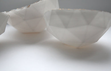 Geometric faceted polyhedron white bowl made from stoneware Parian porcelain with real gold finish