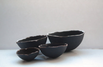 Limited Edition set of 4 chocolate black stoneware nesting bowls with white rims