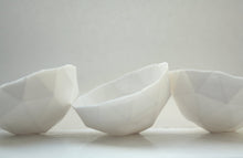 Load image into Gallery viewer, Geometric faceted polyhedron pure white bowl made from stoneware fine bone china - ring dish