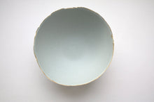 Load image into Gallery viewer, Large Blue porcelain bowl. Stoneware porcelain bowl in duck egg blue with gold rims.