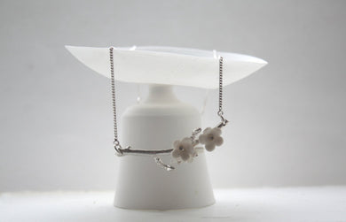 Summer blossom solid sterling silver necklace with porcelain flowers - silver twig necklace