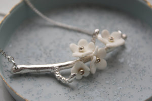 Summer blossom solid sterling silver necklace with porcelain flowers - silver twig necklace