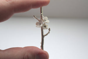 Summer blossom solid sterling silver brooch with porcelain flowers - silver twig brooch