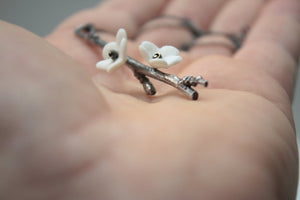 Stunning Summer blossom oxidized silver long drop pendant with porcelain flowers