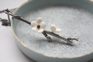 Stunning Summer blossom oxidized silver long drop pendant with porcelain flowers