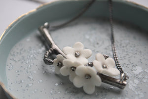 Summer blossom antique oxidized solid sterling silver necklace with porcelain flowers cherry