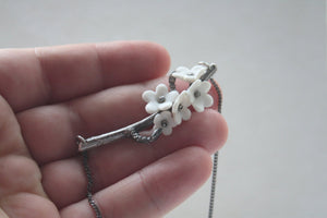 Summer blossom antique oxidized solid sterling silver necklace with porcelain flowers cherry