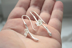 Solid sterling silver earrings with stoneware porcelain flowers - silver twig earrings