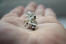 Load image into Gallery viewer, Antique / oxidized solid sterling silver brooch with porcelain flowers - silver twig brooch