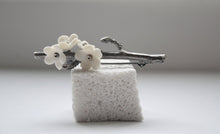 Load image into Gallery viewer, Antique / oxidized solid sterling silver brooch with porcelain flowers - silver twig brooch