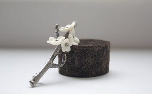 Antique / oxidized solid sterling silver brooch with porcelain flowers - silver twig brooch