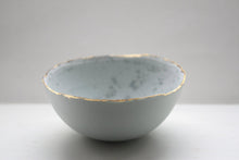 Load image into Gallery viewer, Stoneware porcelain bowl in duck egg blue with mat gold rims mat interior and crystals.