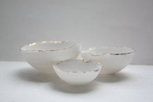 Load image into Gallery viewer, Set of 3 miniature English fine bone china nesting stoneware bowls with real gold.