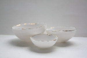 Set of 3 miniature English fine bone china nesting stoneware bowls with real gold.