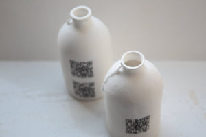 Porcelain bottle. Fine bone china small white bottle with QR code - bud vase