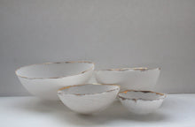 Load image into Gallery viewer, Set of 4 English fine bone china nesting stoneware bowls with real gold.