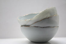 Load image into Gallery viewer, Stoneware Parian porcelain bowl in grey greenish with marble effect and mat gold rims.