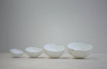 Load image into Gallery viewer, Set of 4 geometric faceted polyhedron fine bone china nesting stoneware bowls with real gold.