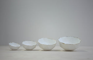 Set of 4 geometric faceted polyhedron fine bone china nesting stoneware bowls with real gold.