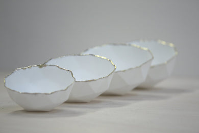 Set of 4 geometric faceted polyhedron fine bone china nesting stoneware bowls with real gold.
